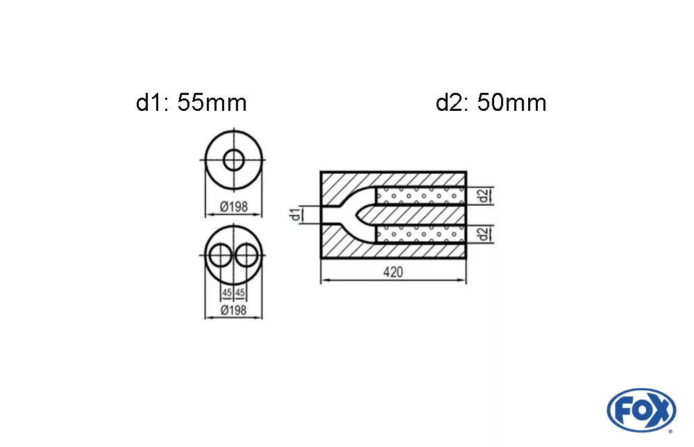 Uni-Schalldämpfer rund zweiflutig mit Hose - Abwicklung 626  Ø198mm, d1Ø 55mm  d2Ø 2x50mm, Länge: 420mm -Ø198mm
