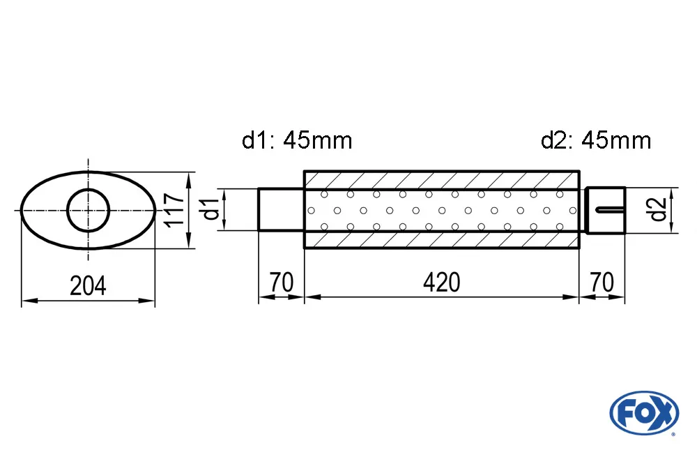 Uni-Schalldämpfer oval mit Stutzen - Abwicklung 525  204x117mm, d1Ø 45mm  d2Ø 45,5mm, Länge: 420mm