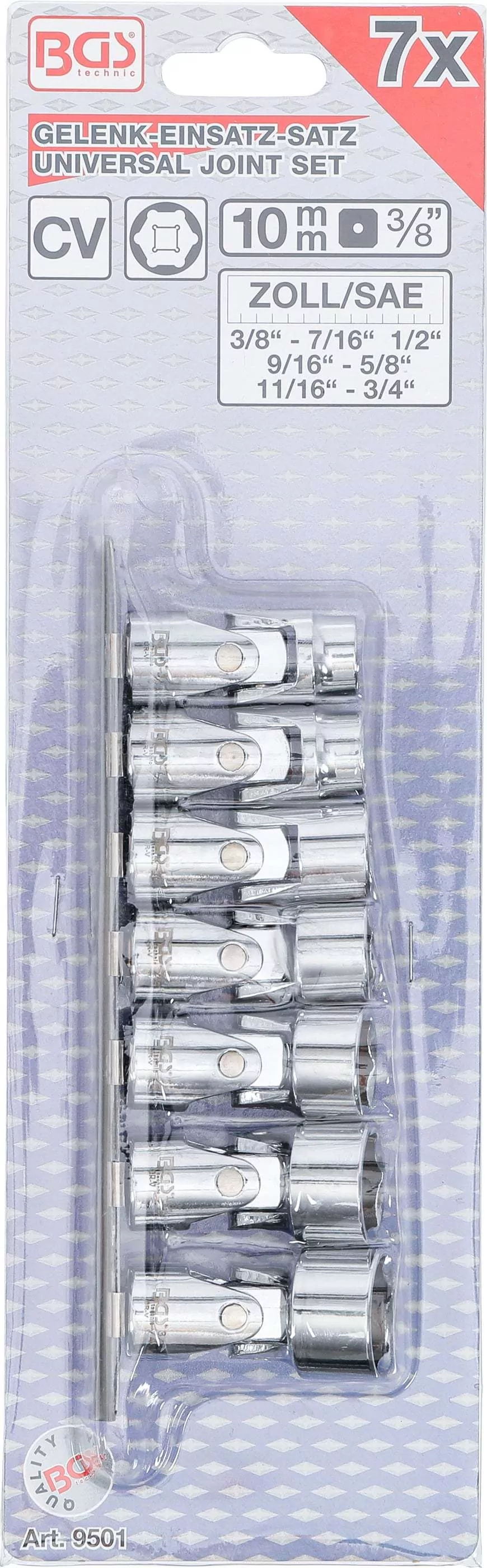 Gelenk-Steckschlüssel-Satz, Sechskant | Antrieb Innenvierkant 10 mm (3/8") | SW 3/8" - 3/4" mm | Zollgrößen | 7-tlg.