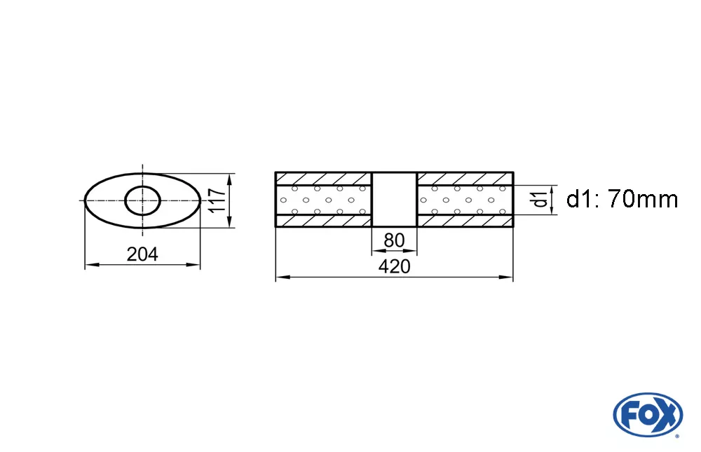 Uni-Schalldämpfer Oval ohne Stutzen mit Kammer - Abw. 525  204x117mm, d1Ø 70mm (außen), Länge: 420mm