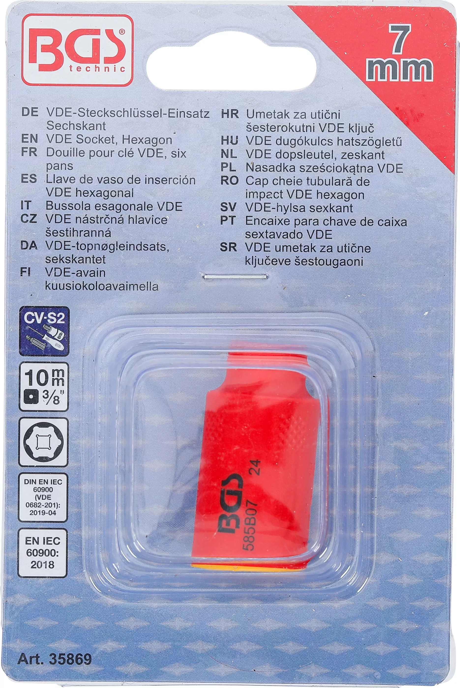 VDE-Steckschlüssel-Einsatz Sechskant | Antrieb Innenvierkant 10 mm (3/8") | SW 7 mm