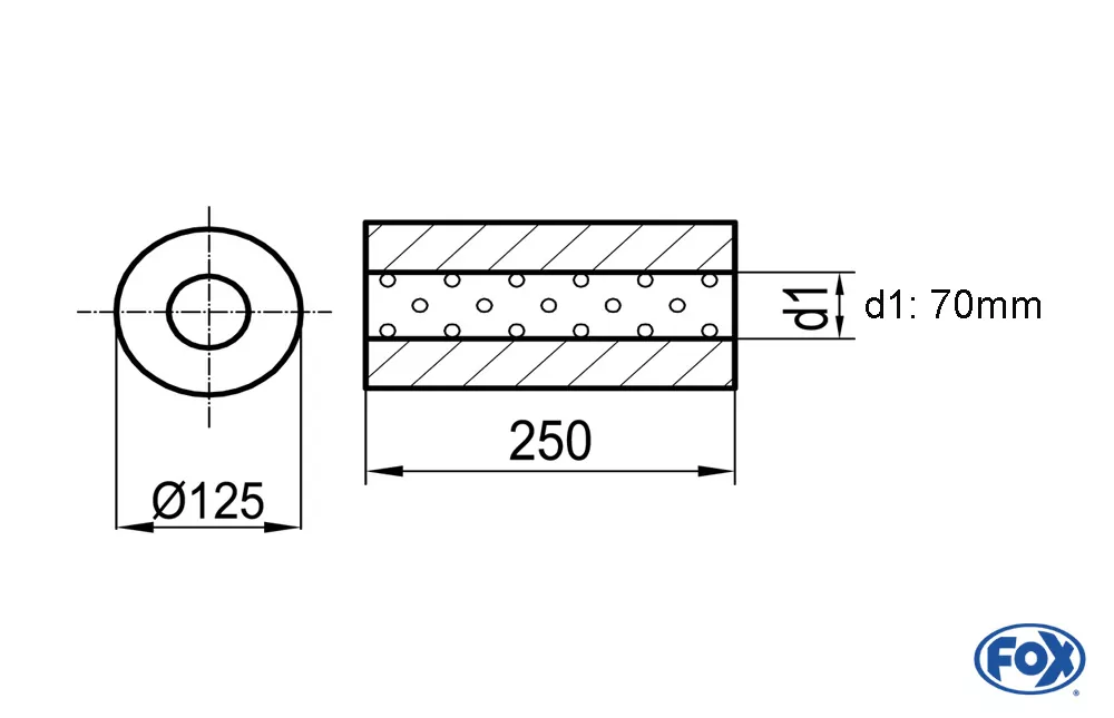 Uni-Schalldämpfer rund ohne Stutzen - Abwicklung 390  Ø 125mm, d1Ø 70mm, Länge: 250mm