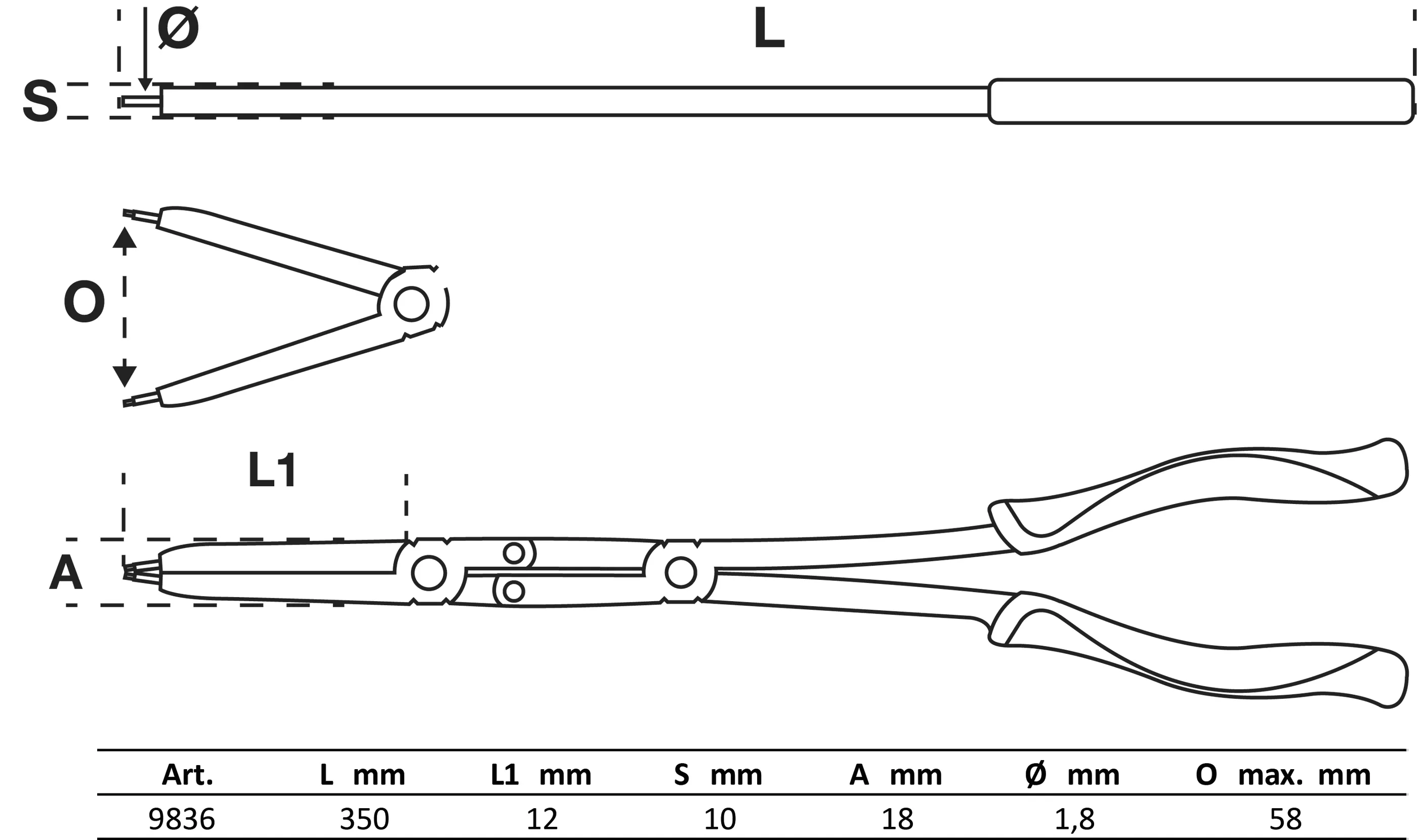 Werkstattwageneinlage 1/3: Doppelgelenk-Sprengringzangen-Satz | auswechselbare Spitzen | 345 mm