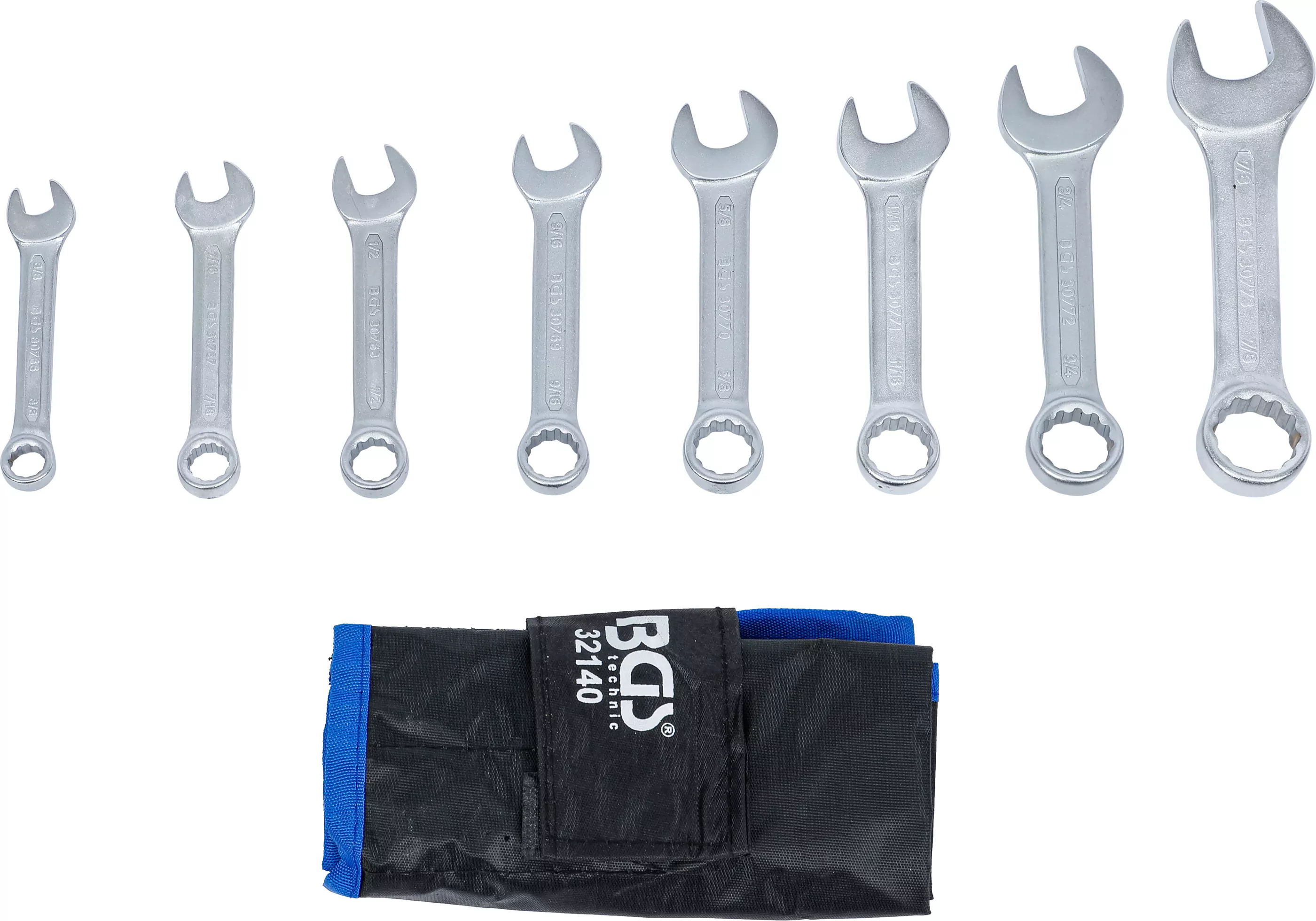 Maul-Ringschlüssel-Satz | extra kurz | Zollgrößen | SW 3/8" - 7/8" | 8-tlg.