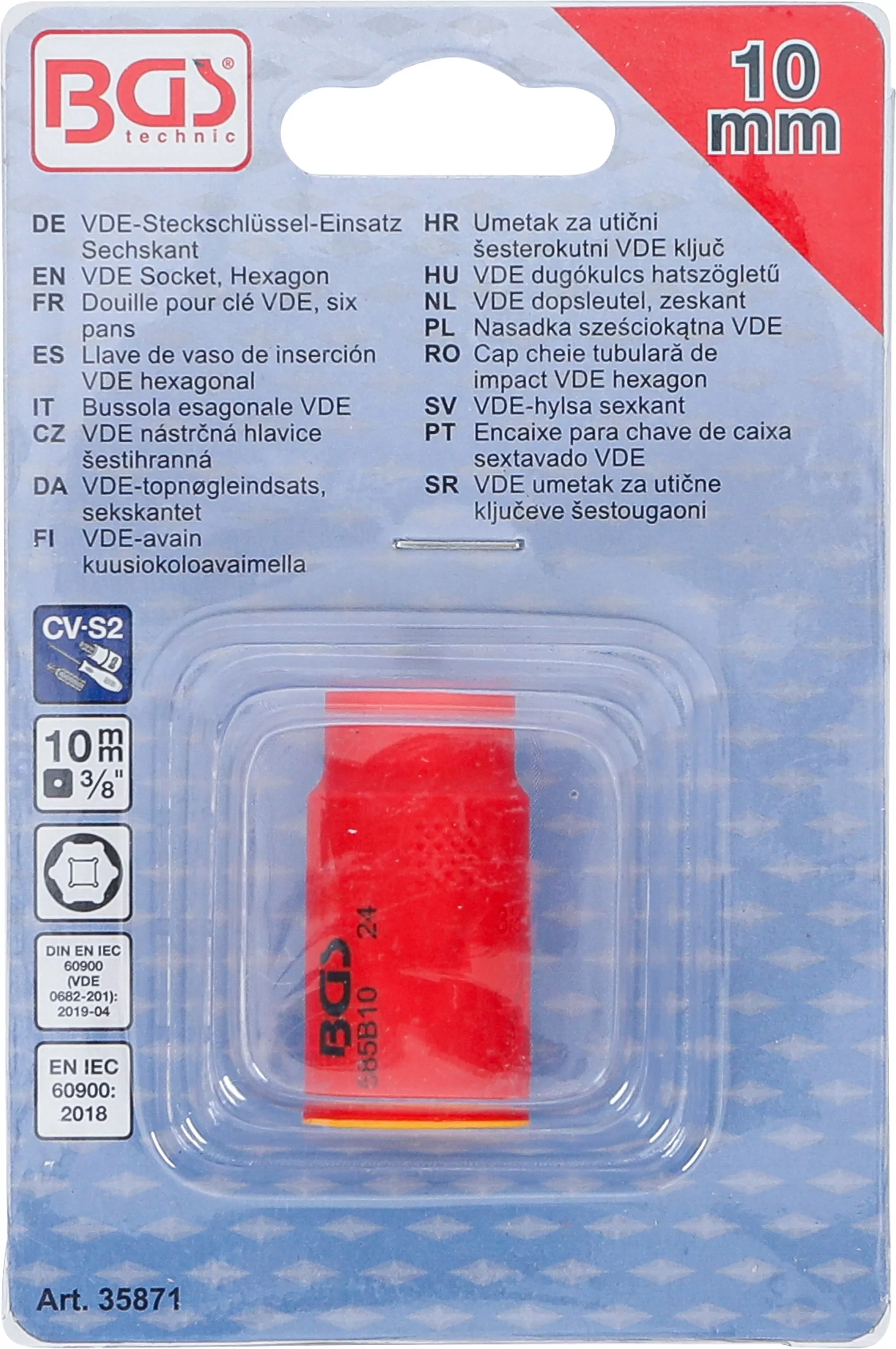 VDE-Steckschlüssel-Einsatz Sechskant | Antrieb Innenvierkant 10 mm (3/8") | SW 10 mm