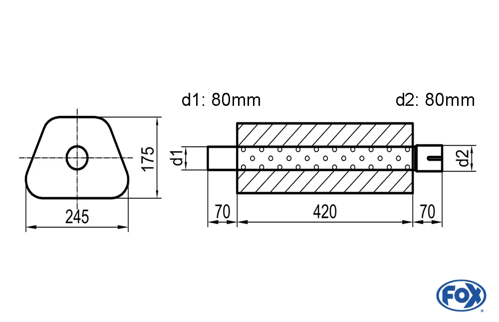 Uni-Schalldämpfer Trapezoid mit Stutzen - Abwicklung 711  245x175mm, d1Ø 80mm außen - d2Ø 80mm innen - Länge: 420mm