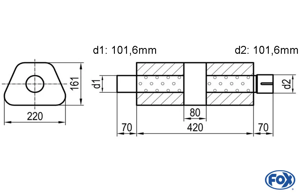Uni-Schalldämpfer trapez mit Kammer + Stutzen - Abw. 644  220x161mm, d1Ø 101,6mm (außen), d2Ø 101,6mm (innen), Länge: 420mm