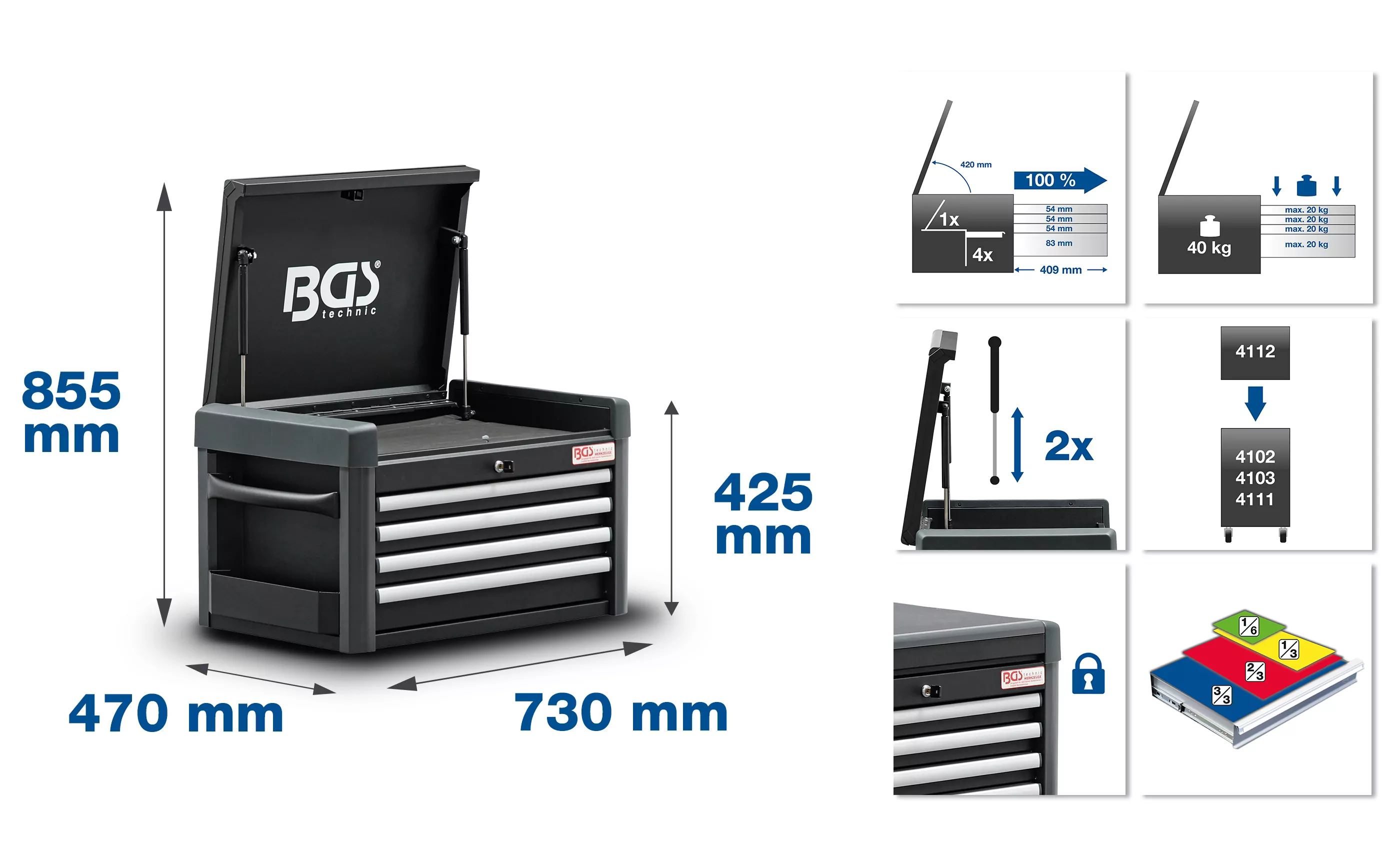Werkstattwagen-Aufsatz für Werkstattwagen PROFI | 4 Schubladen | leer