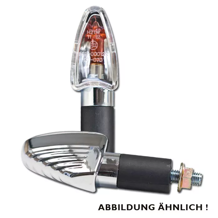 Blinker "ARROW GROOVED" | carbon-look  M8 | lang | klar | gelbe Birne | E-geprüft
