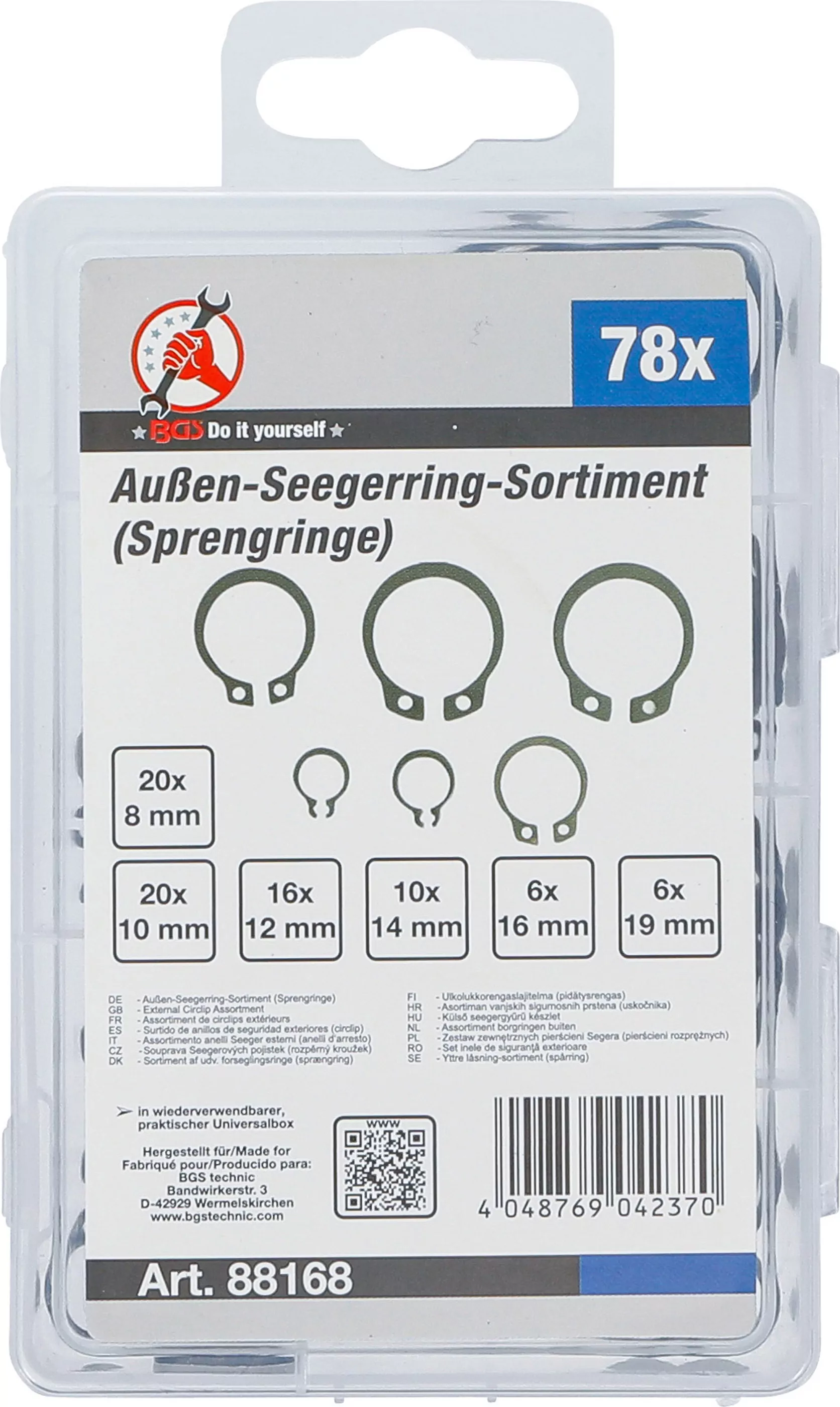 Außen-Seegerring-Sortiment (Sprengringe) | Ø 8 - 19 mm | 78-tlg.