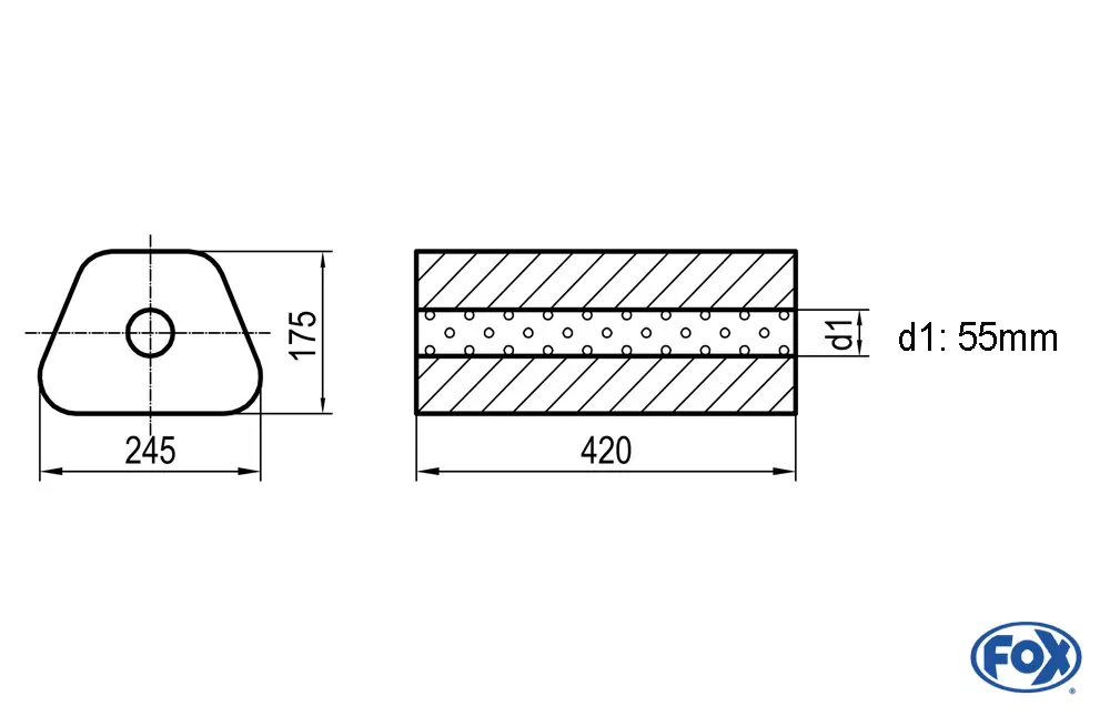 Uni-Schalldämpfer Trapezoid ohne Stutzen - Abwicklung 711  245x175mm, d1Ø 55mm außen - Länge: 420mm