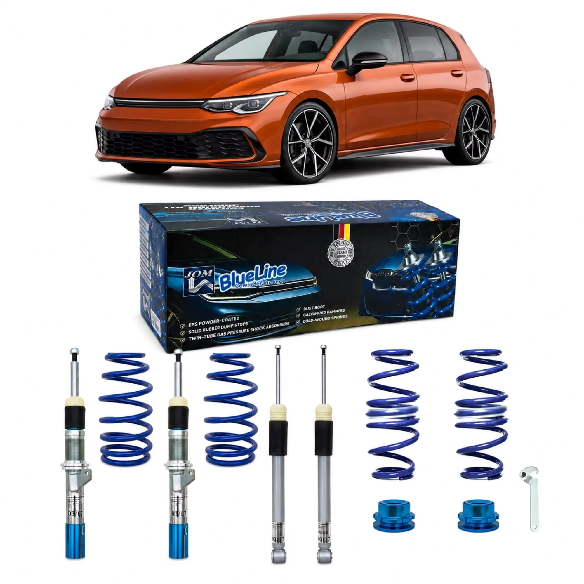 BlueLine Gewindefahrwerk passend für Golf 8 (CD) passend für VW Golf 8 (CD) 1.4 TSI/ 1.5 TSI/ 1.5 TGI/ 2.0 TSI/ 2.0 TDI, 2019-, (Achslast VA 1100 kg) nur passend bei HA Verbundlenker (Torsion), Gewinde/ Feder