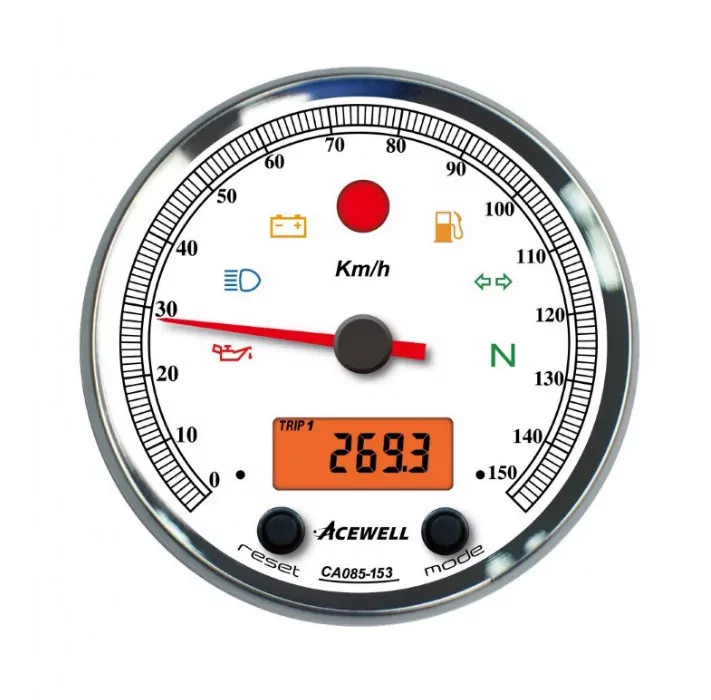 Acewell | Analog Tacho 150 Km/h | Digital Dzm | Ring Chrom | Zifferblatt Weiss | Gehäuse Schwarz