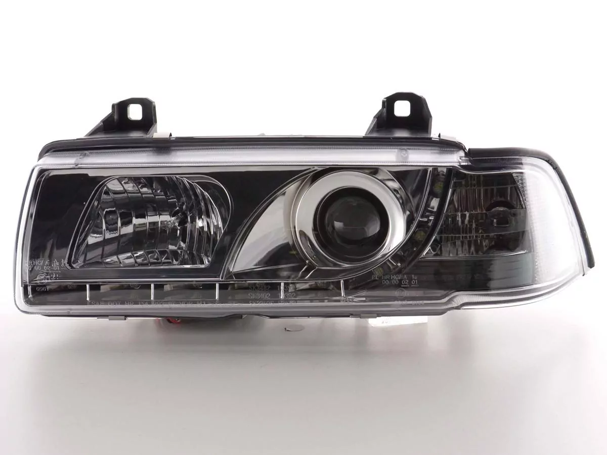 Scheinwerfer Set Daylight LED Tagfahrlicht BMW 3er E36 Coupe/Cabrio Bj. 92-98 chrom für Rechtslenker
