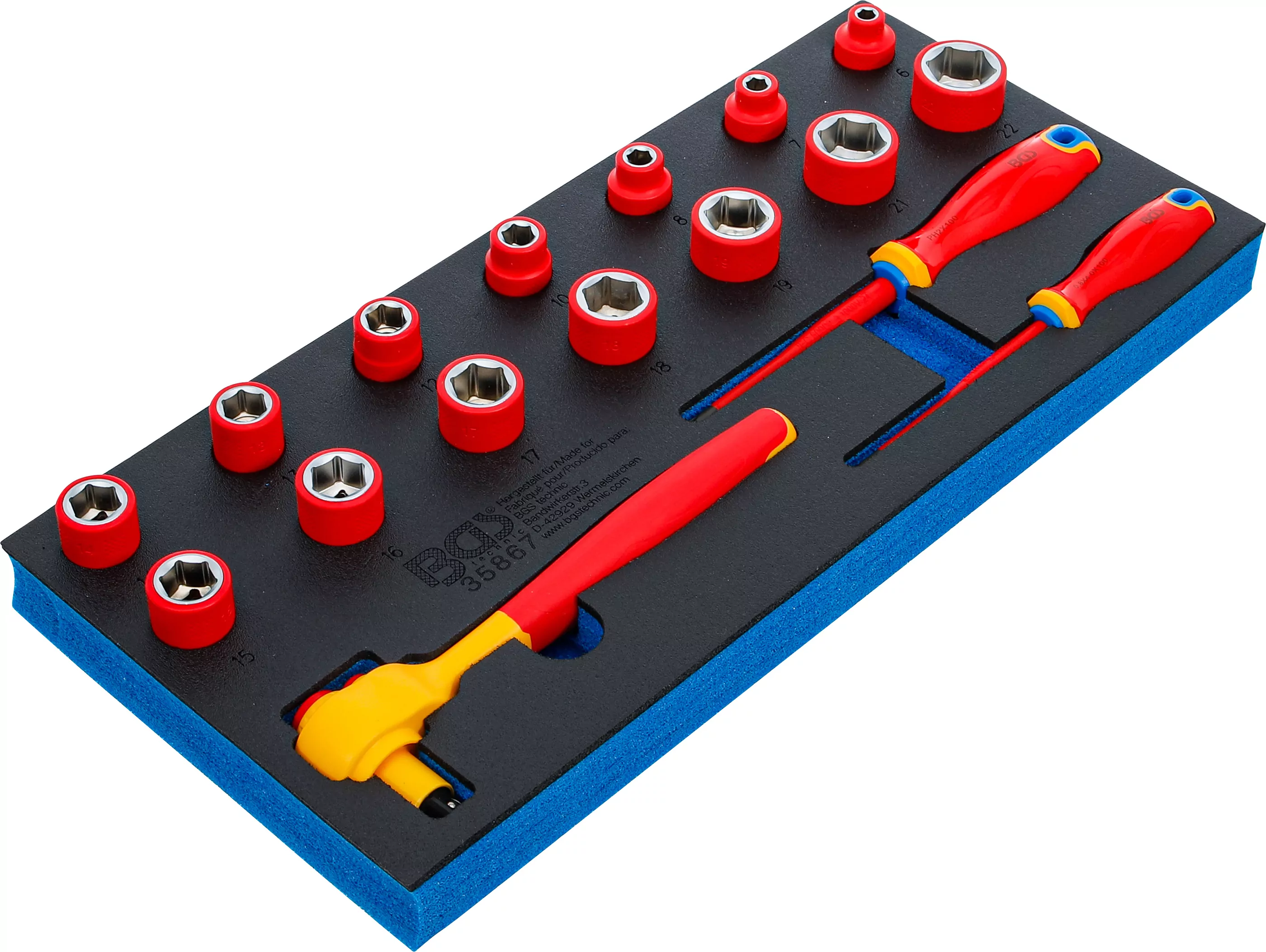 Werkstattwageneinlage 1/3: VDE-Steckschlüssel- und Schraubendreher-Satz | Antrieb Innenvierkant 10 mm (3/8") | 17-tlg.