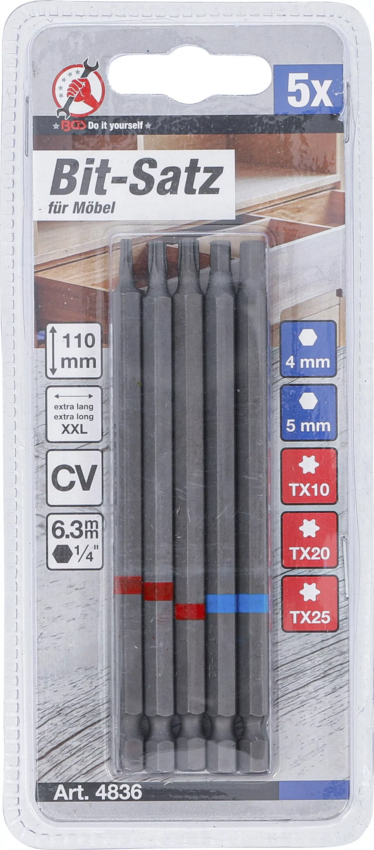 Bit-Satz | Antrieb Außensechskant 6,3 mm (1/4") | Innensechskant, T-Profil (für Torx) | Länge 110 mm | 5-tlg.