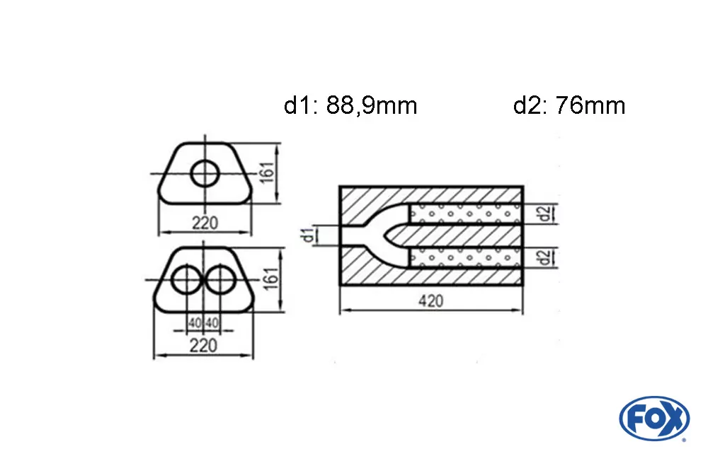Uni-Schalldämpfer trapezoid zweiflutig mit Hose - Abwicklung  220x161mm, d1: 88,9mm, d2: 76mm - Länge: 420mm