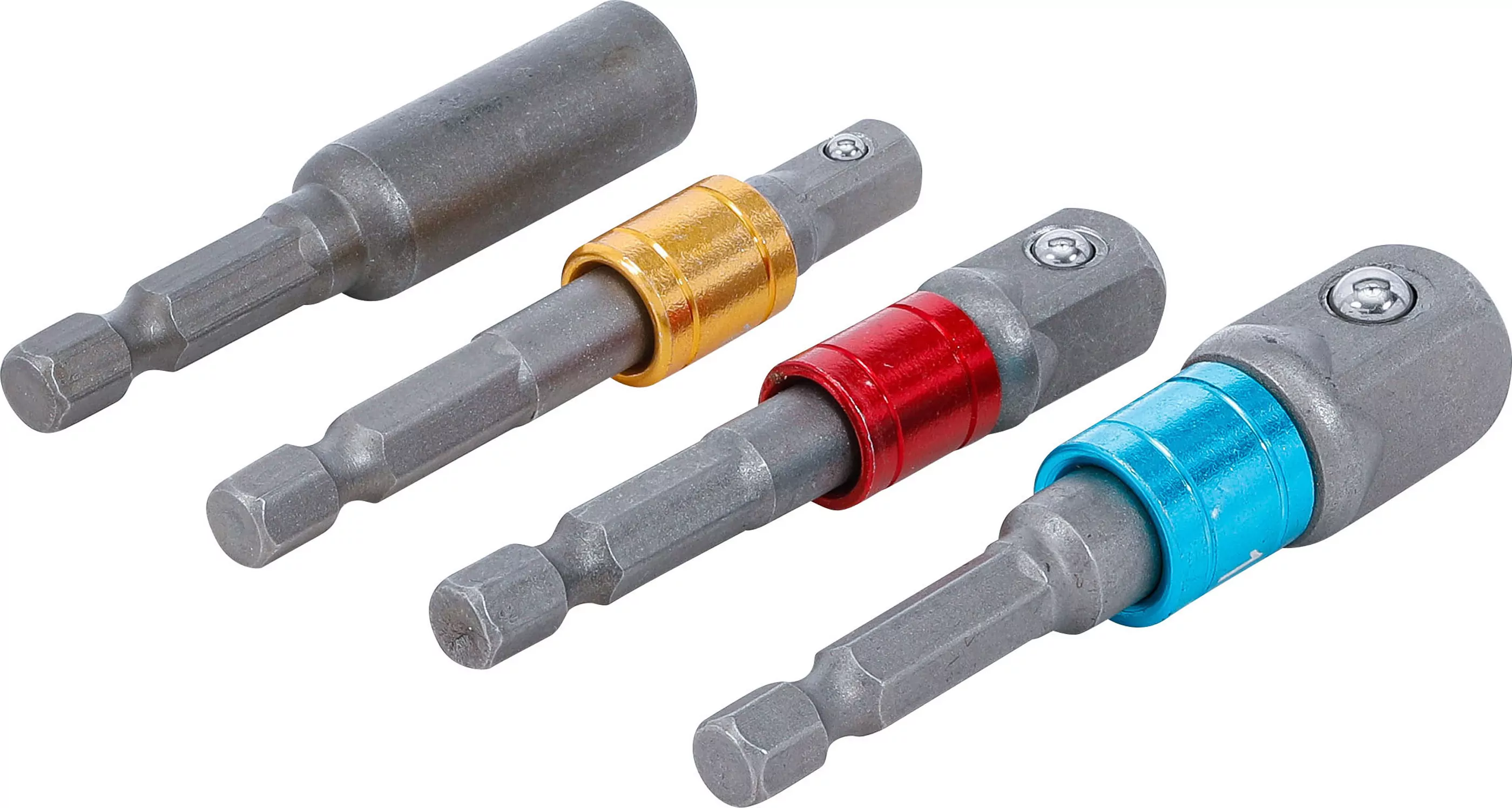 Adapter-Satz für Bohrmaschinen | farbig | Antrieb Außensechskant 6,3 mm (1/4") | Abtrieb Außenvierkant 6,3 mm (1/4"), 10 mm (3/8"), 12,5 mm (1/2"), Innensechskant 6,3 mm (1/4") | 4-tlg.