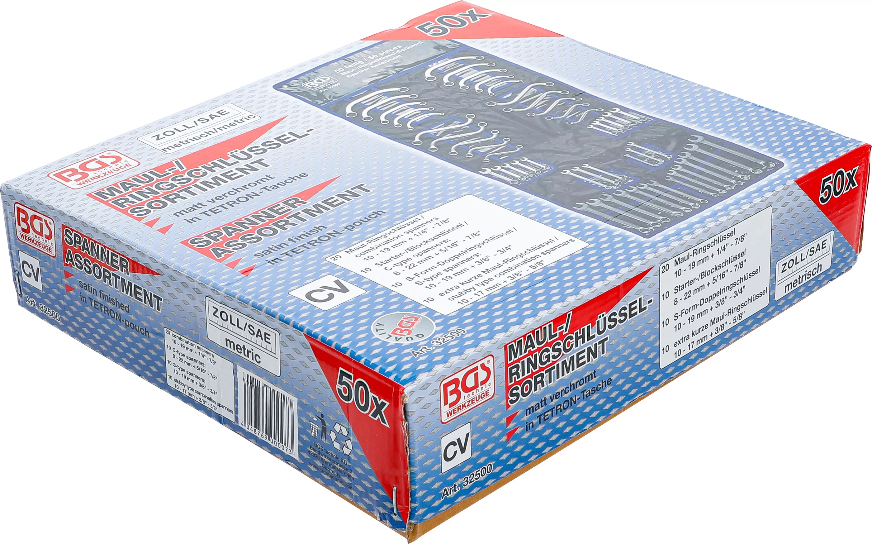 Maul-/Ringschlüsselsortiment | Zollgrößen / metrisch | 50-tlg.
