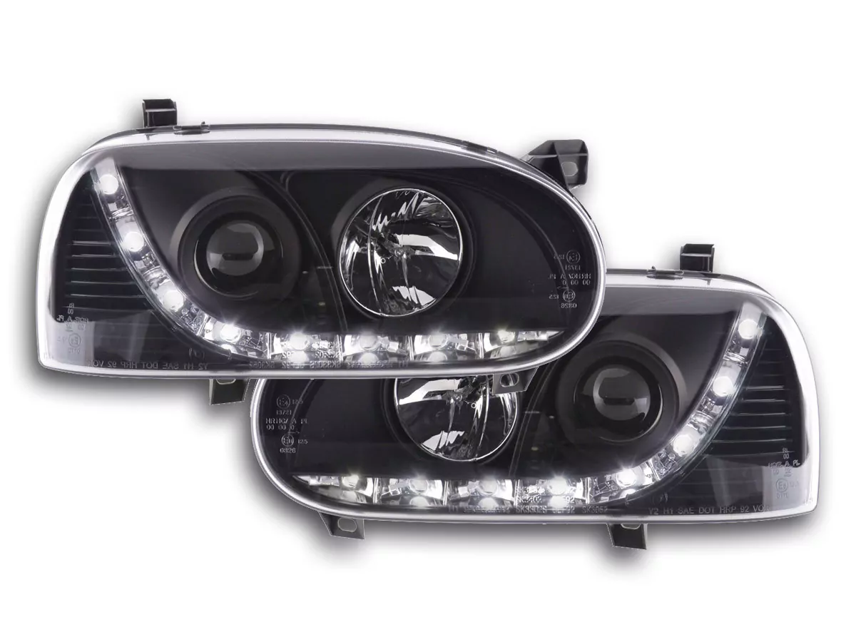 Scheinwerfer Set Daylight LED TFL-Optik VW Golf 3 Typ 1HXO 1EXO Bj. 91-97 schwarz
