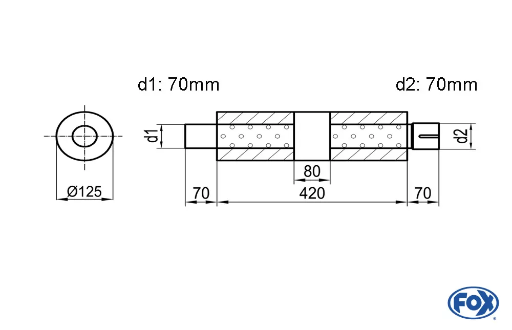 Uni-Schalldämpfer rund mit Kammer + Stutzen - Abw. 390  Ø 125mm, d1Ø 70mm (außen), d2Ø 70mm (innen), Länge: 420mm