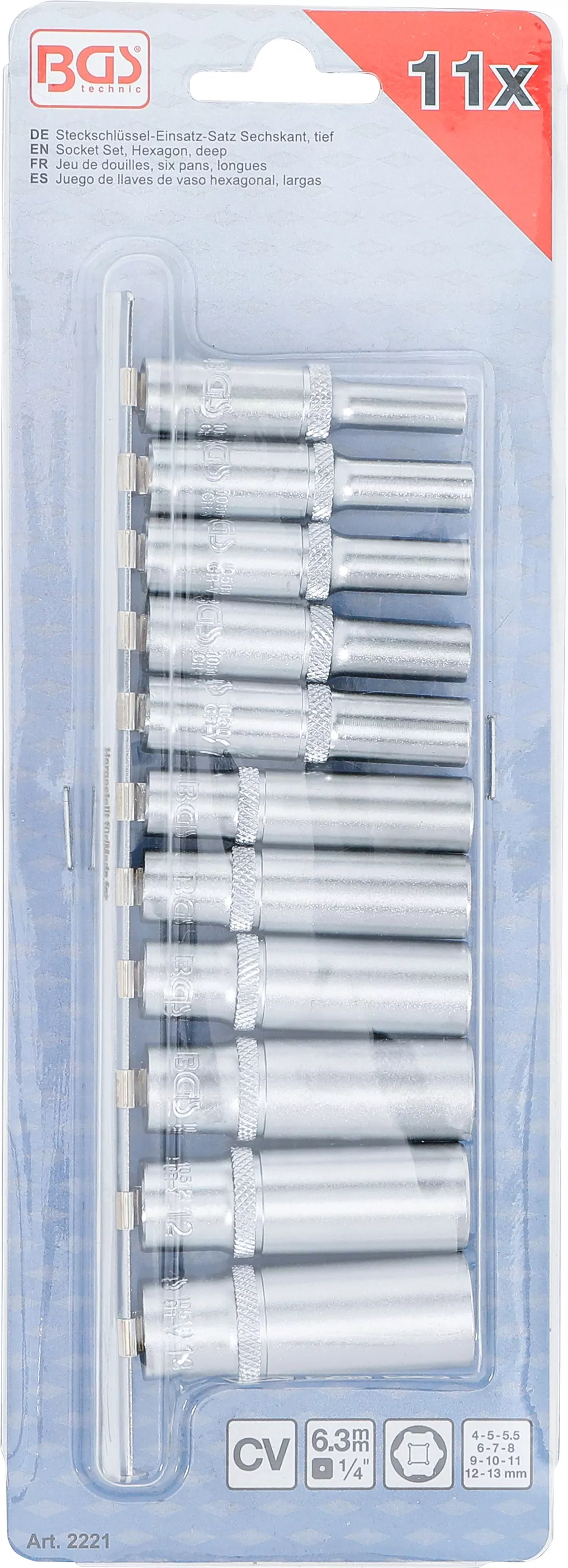 Steckschlüssel-Einsatz-Satz Sechskant, tief | Antrieb Innenvierkant 6,3 mm (1/4") | SW 4 - 13 mm | 11-tlg.