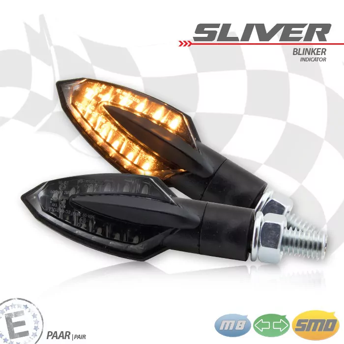 Smd-blinker "sliver", Schwarz, Getönt, Gummiarm, Paar, M8, Maße L 51 X T 25 X H 23mm, E-geprüft