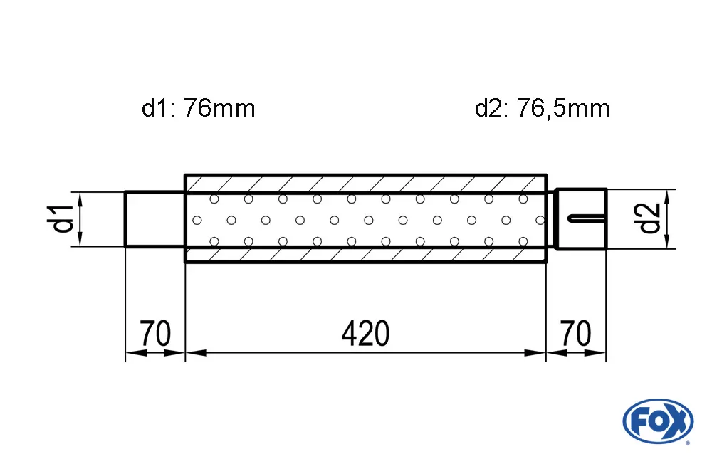 Uni-Schalldämpfer rund mit Stutzen - Abwicklung 314  Ø 100mm, d1Ø 76mm  d2Ø 76,5mm, Länge: 420mm