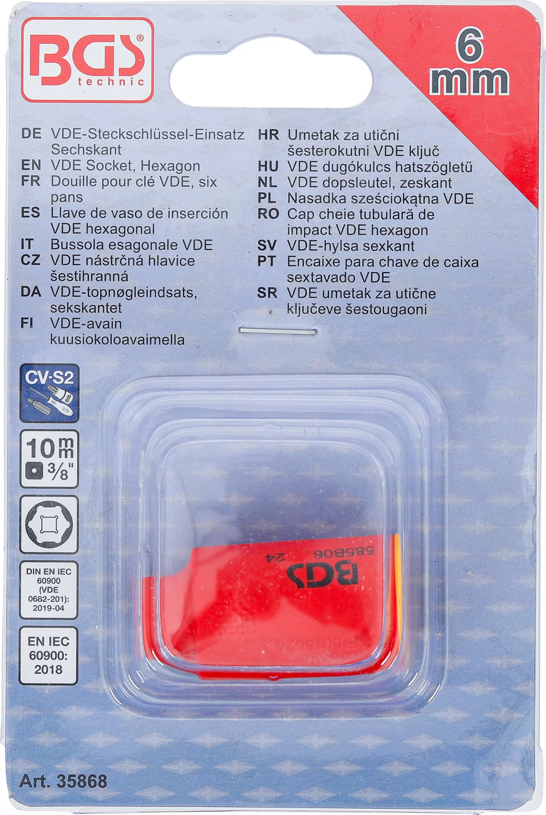 VDE-Steckschlüssel-Einsatz Sechskant | Antrieb Innenvierkant 10 mm (3/8") | SW 6 mm