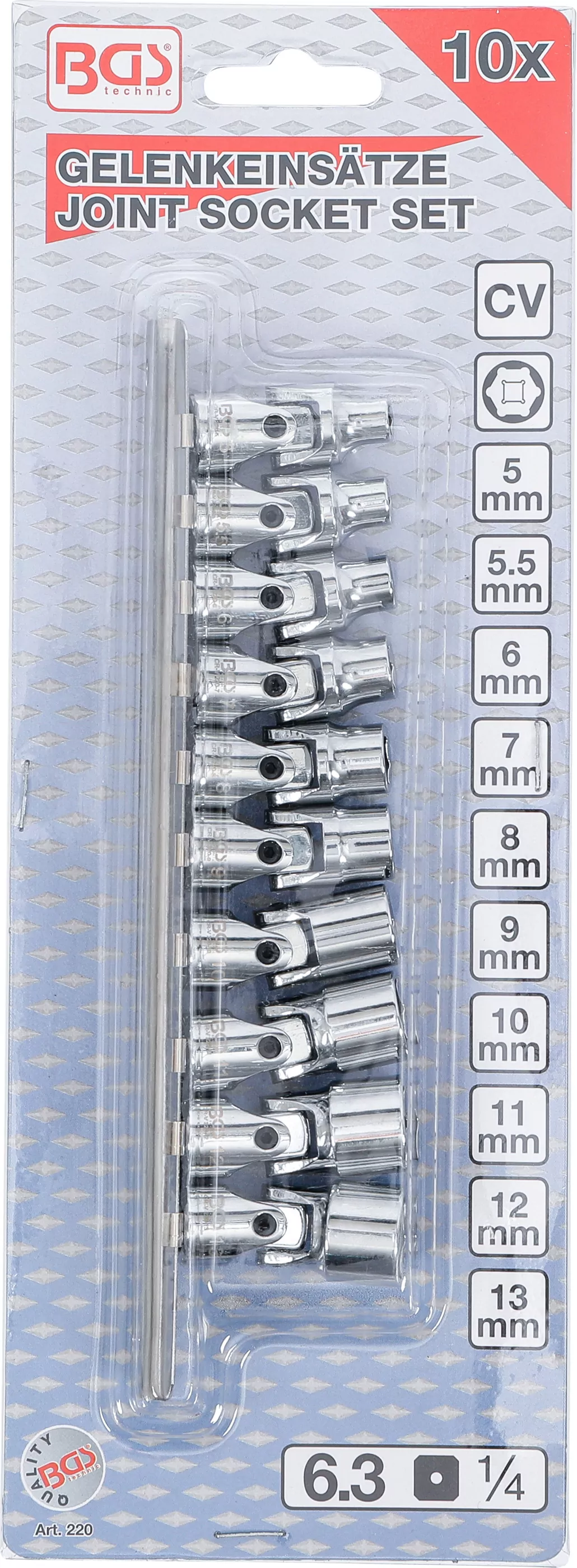 Gelenk-Steckschlüssel-Satz | Antrieb Innenvierkant 6,3 mm (1/4") | SW 5 - 13 mm | 10-tlg.