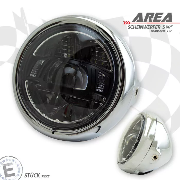 LED-Scheinwerfer "AREA" 5-3/4" | chrom M8 seitlich | Glas Ø=143mm | E-geprüft