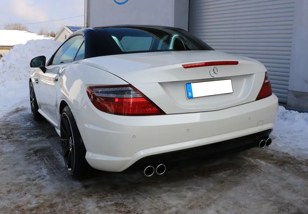 Mercedes SLK Typ 172 - AMG Line Endschalldämpfer rechts/links - gebaut als Unidämpfer (ohne Halter ohne Rohre) mit Gutachten-Kennzeichnung und dem Text "Zum Zwecke der Einzelabnahme"