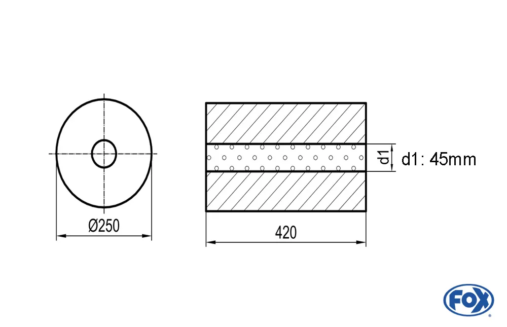 Uni-Schalldämpfer rund ohne Stutzen - Abwicklung 784 Ø 250mm, d1: 45mm, Länge: 420mm -Ø250mm
