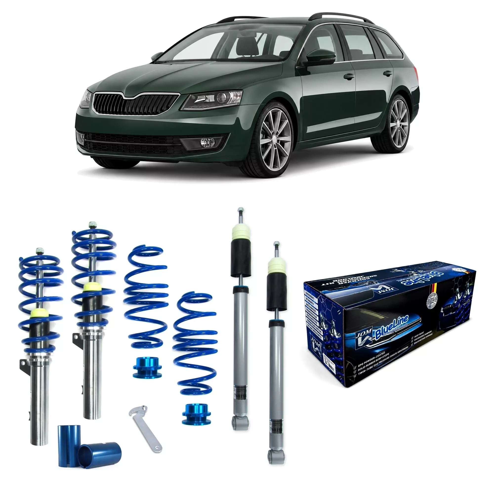 JOM BlueLine Gewindefahrwerk passend für Skoda Octavia Limo und Kombi (5E) 1.2 TSI, 1.4 TSI ab Baujahr 2012 nur passend bei Fahrzeugen mit Verbundlenker 