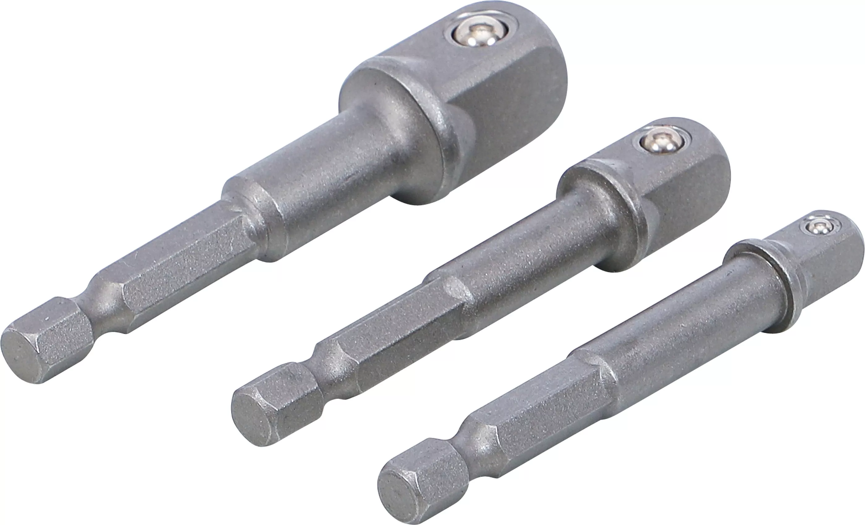 Adapter-Satz für Bohrmaschinen | Antrieb Außensechskant 6,3 mm (1/4") | Abtrieb Außenvierkant 6,3 mm (1/4") / 10 mm (3/8") / 12,5 mm (1/2") | 3-tlg.