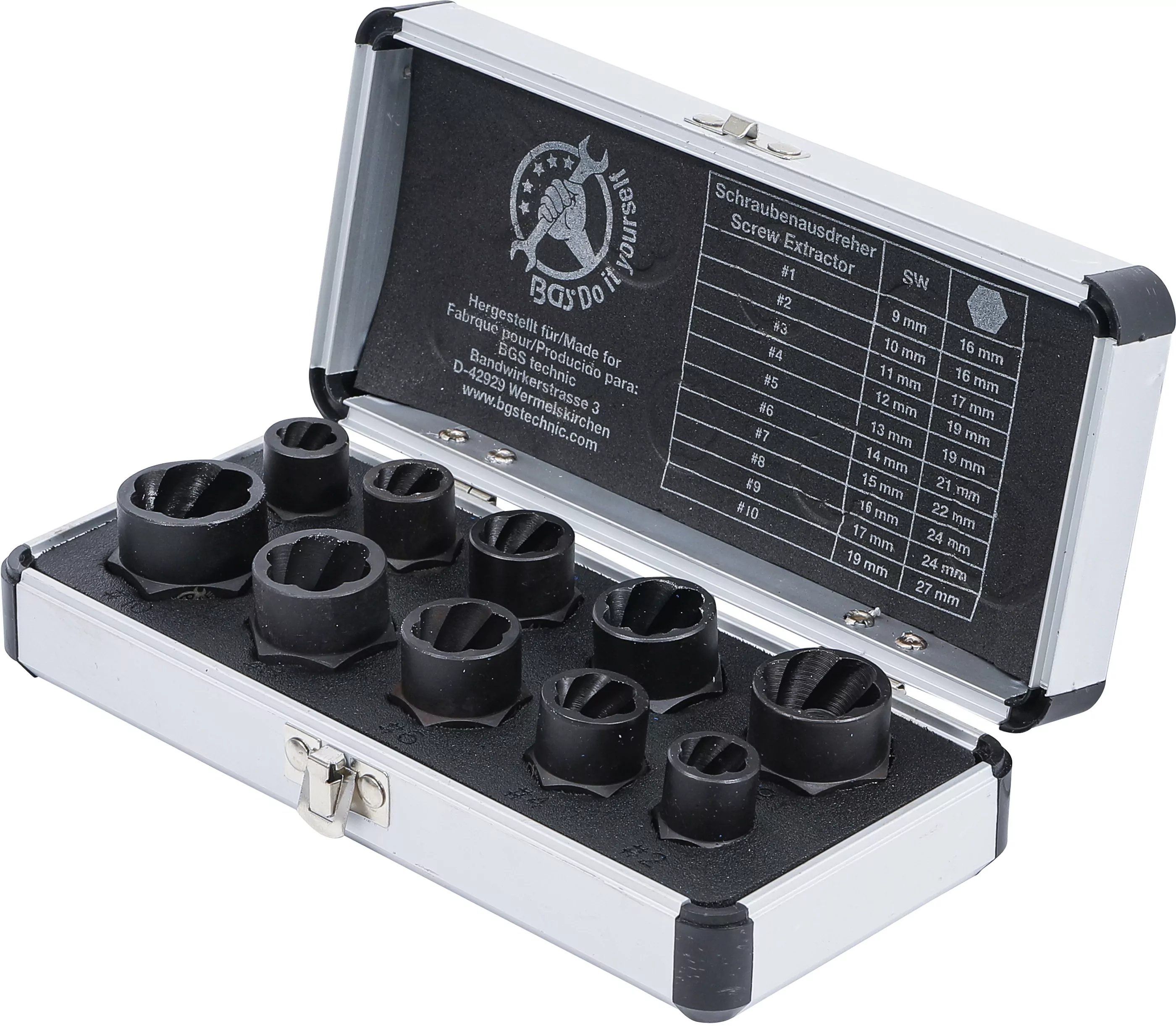 Spiral-Profil-Steckschlüssel-Satz / Schraubenausdreher | Antrieb Innensechskant 10 mm (3/8") / Außensechskant | SW 9 - 19 mm | 10-tlg.