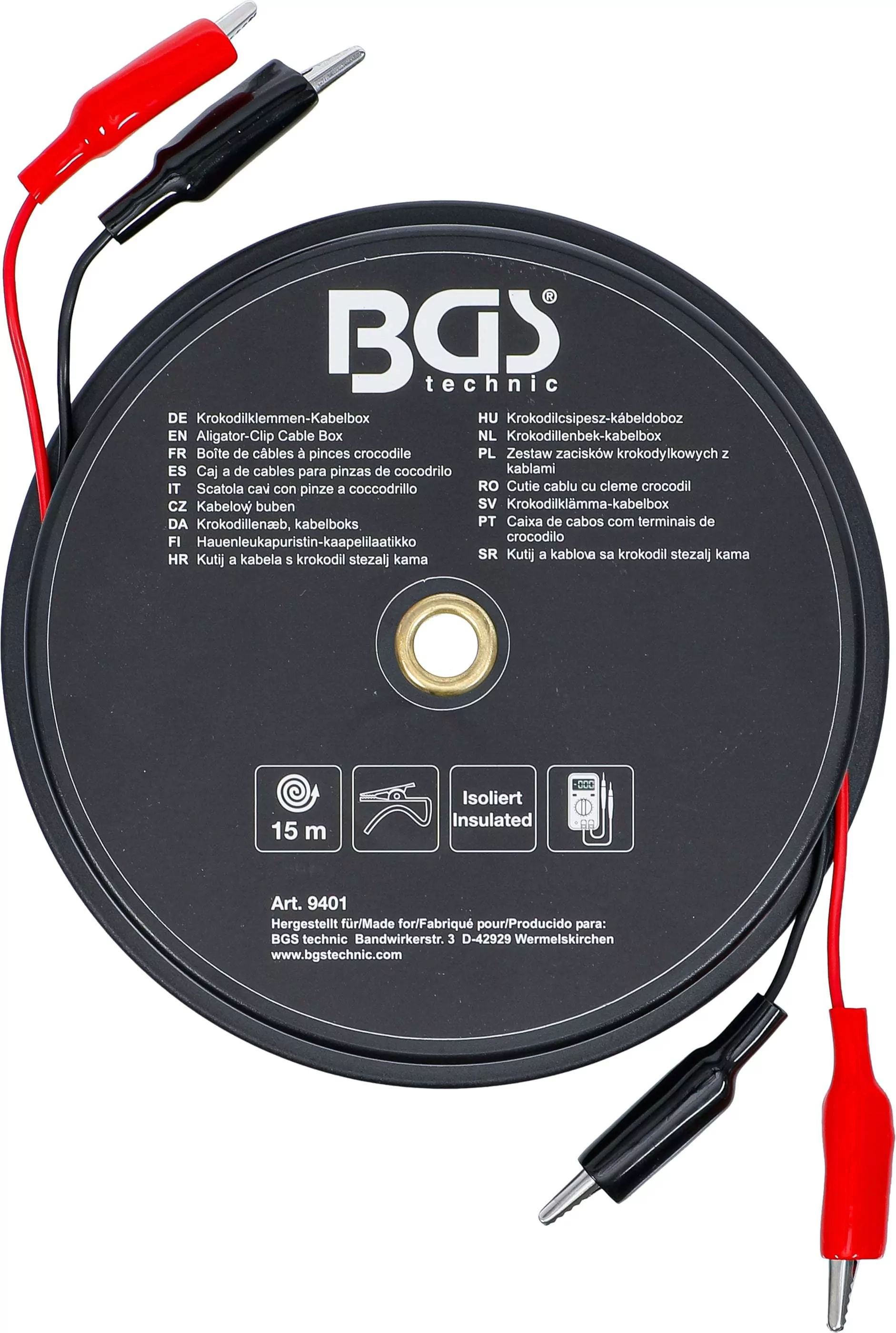 Krokodilklemmen-Kabelbox | selbstaufrollend | 15 m