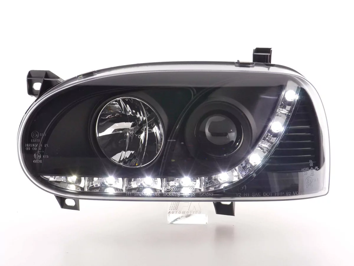 Scheinwerfer Set Daylight LED TFL-Optik VW Golf 3 Typ 1HXO 1EXO Bj. 91-97 schwarz