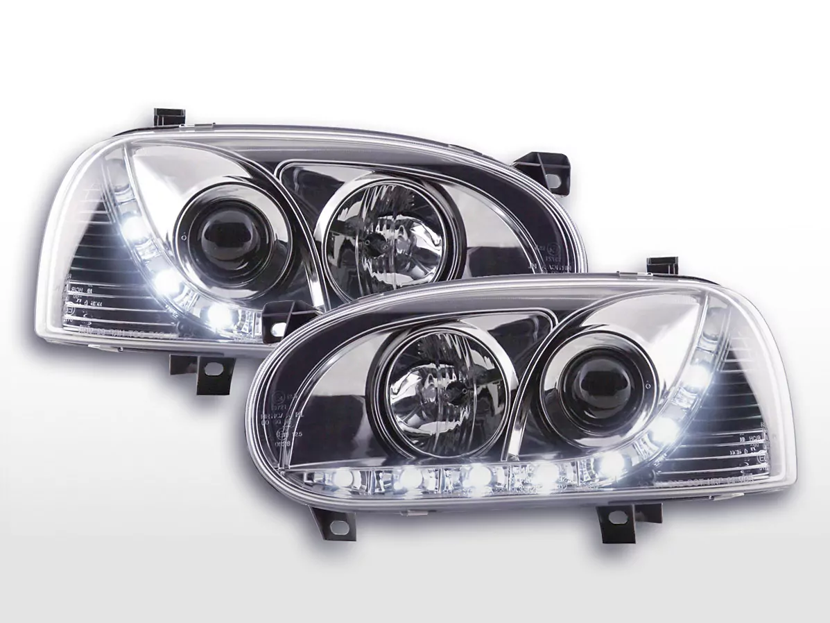 Scheinwerfer Set Daylight LED Tagfahrlicht VW Golf 3 Bj. 91-97 chrom