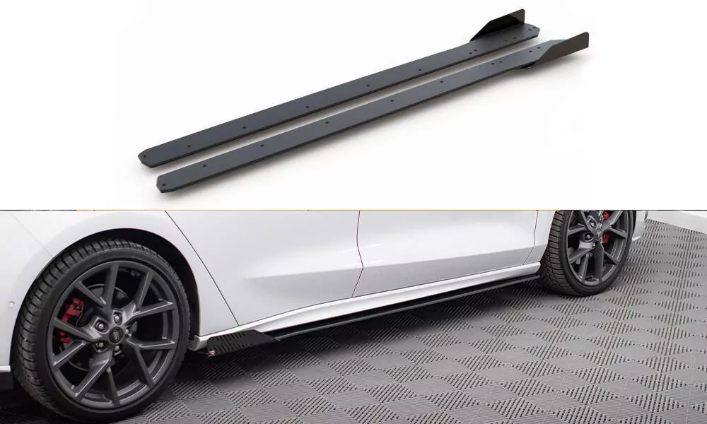 Robuste Racing Seitenschweller Ansatz Passend Für + Flaps Passend Für Ford Focus ST / ST-Line Mk4 Schwarz Hochglanz