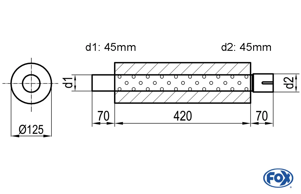 Uni-Schalldämpfer rund mit Stutzen - Abwicklung 390  Ø 125mm, d1Ø 45mm  d2Ø 45,5mm, Länge: 420mm