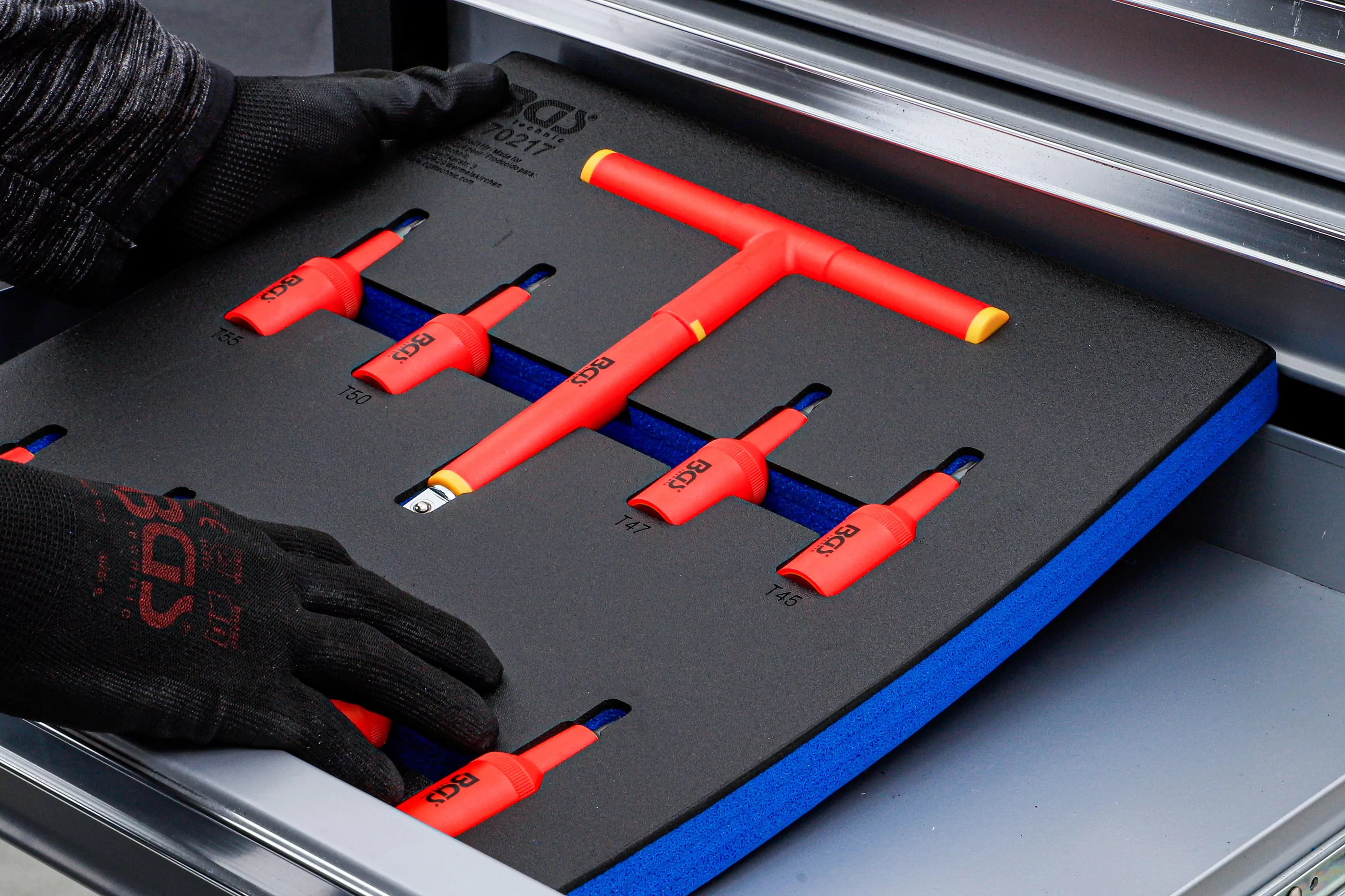 Werkstattwageneinlage 2/3: VDE-Bit-Einsatz-Satz | Antrieb Innenvierkant 12,5 mm (1/2") | T-Profil (für Torx) T20 - T55 | 10-tlg.