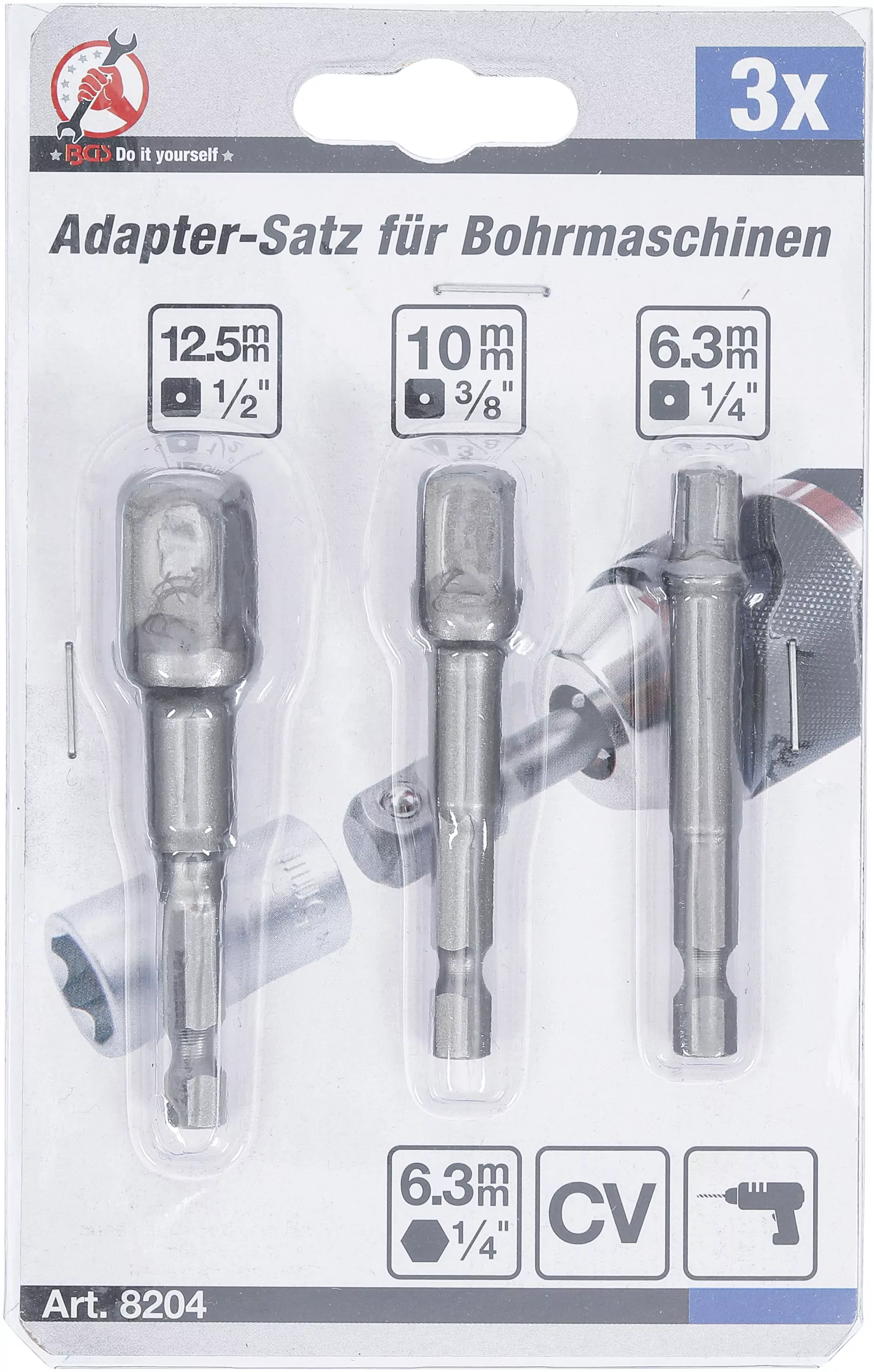 Adapter-Satz für Bohrmaschinen | Antrieb Außensechskant 6,3 mm (1/4") | Abtrieb Außenvierkant 6,3 mm (1/4") / 10 mm (3/8") / 12,5 mm (1/2") | 3-tlg.