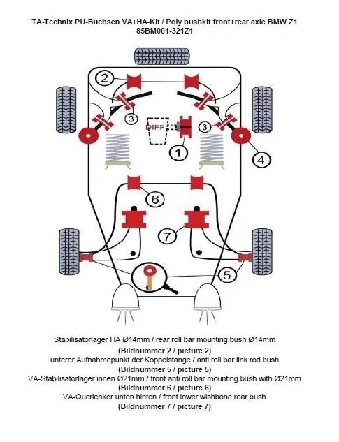 TA Technix PU-Buchsen Kit 14-teilig / Vorderachse+Hinterachse / Vorderachse mit Ø 21mm Stabi / Hinterachse mit Ø 14mm Stabi / passend für BMW Z1 Roadster