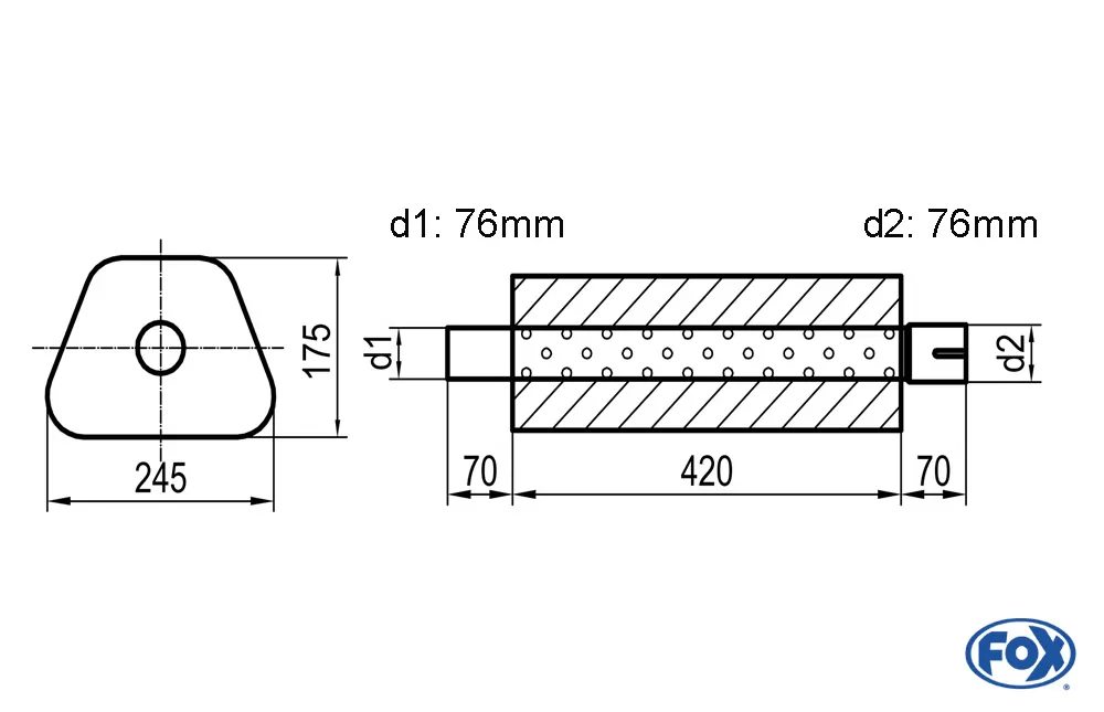 Uni-Schalldämpfer Trapezoid mit Stutzen - Abwicklung 711  245x175mm, d1Ø 76mm außen - d2Ø 76mm innen - Länge: 420mm