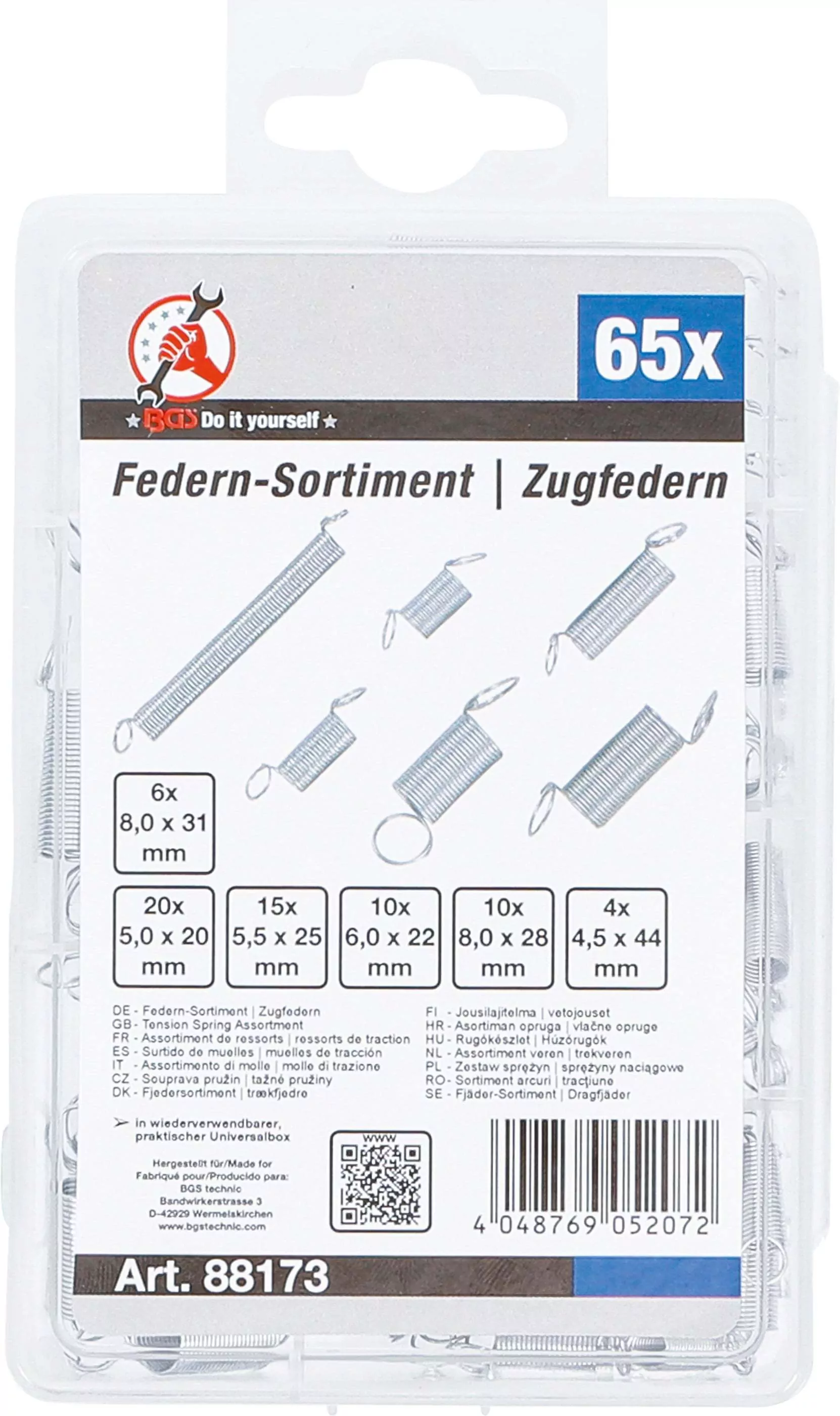 Federn-Sortiment | Zugfedern | 65-tlg.
