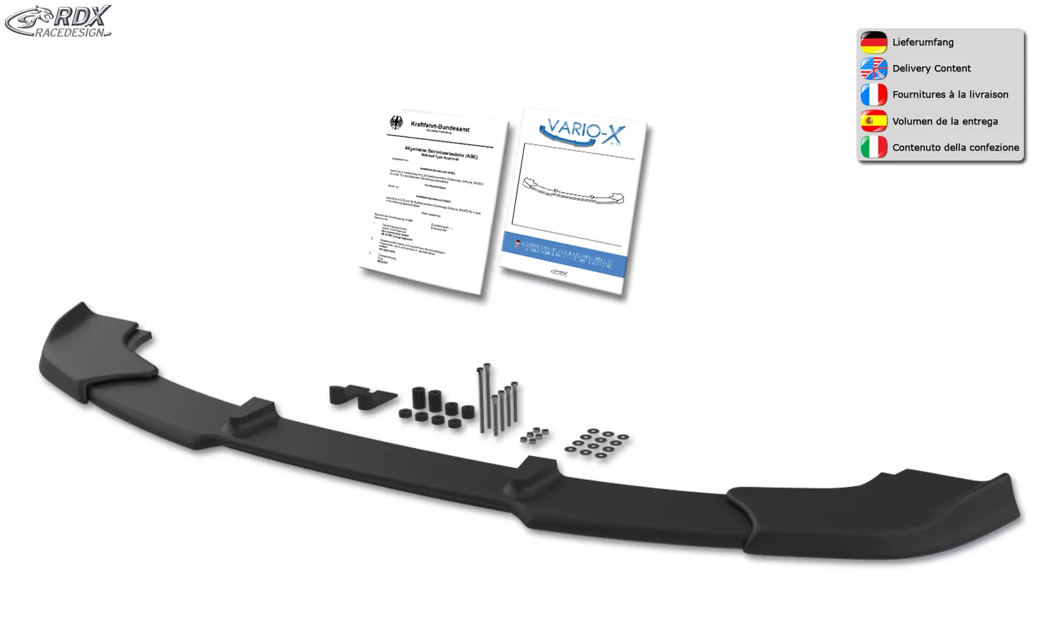 RDX Frontspoiler VARIO-X für BMW 3er E46 Limousine, Touring, Coupe, Cabrio (alle Baujahre, nur für M3-Look-Frontstoßstange) Frontlippe Front Ansatz Vorne Spoilerlippe