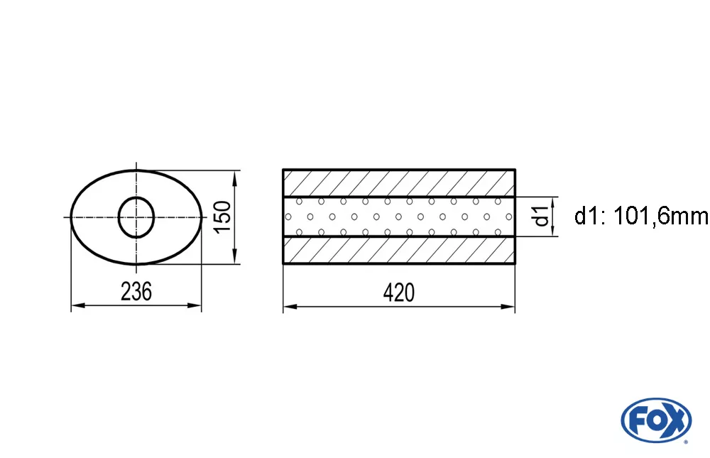 Uni-Schalldämpfer oval ohne Stutzen - Abwicklung 618  236x150mm, d1Ø 101mm außen, Länge: 420mm