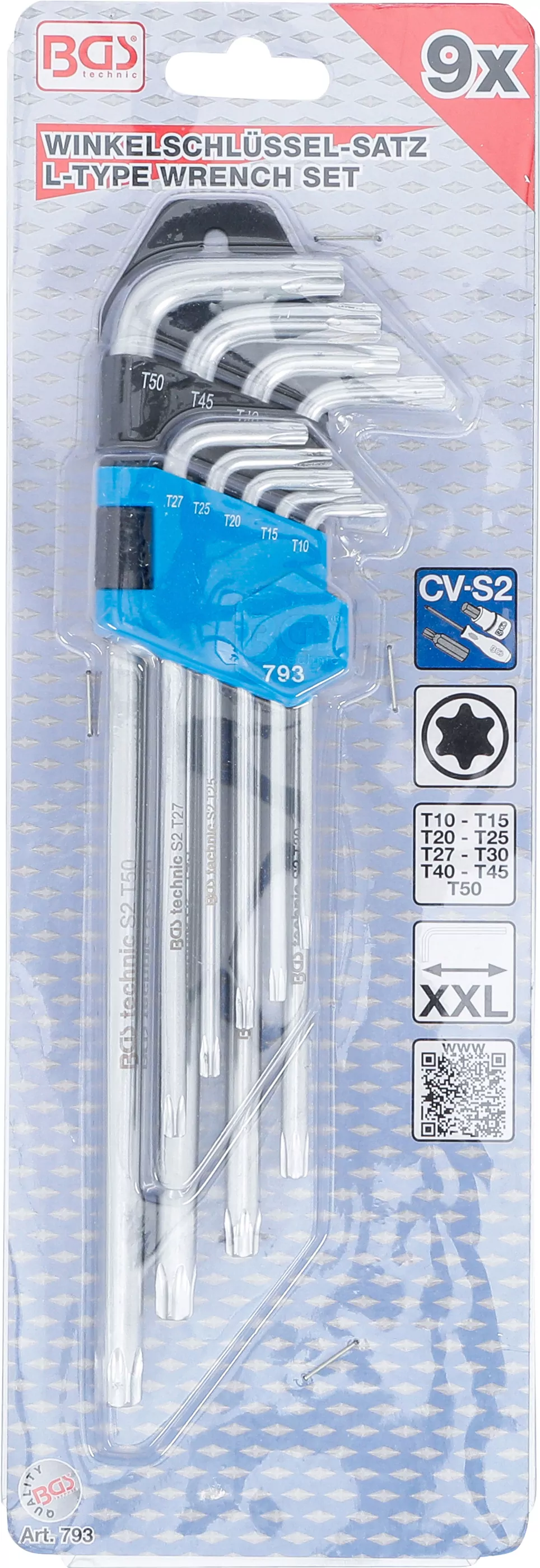 Winkelschlüssel-Satz | extra lang | T-Profil (für Torx) T10 - T50 | 9-tlg.