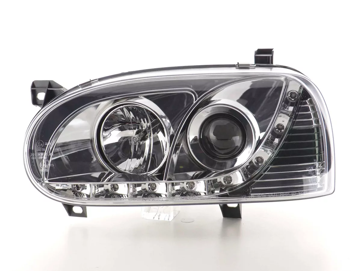Scheinwerfer Set Daylight LED TFL-Optik VW Golf 3 Typ 1HXO 1EXO Bj. 91-97 chrom